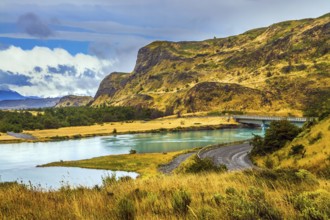 Summer in the south of Chile. Highway and bridge of Rio Paine. Torres del Paine National Park. The