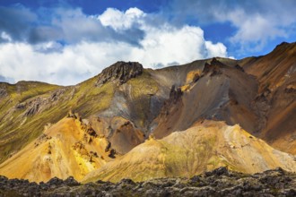 Multicolored rhyolite mountains highlights the July sun. Travel to Iceland in the summer. National