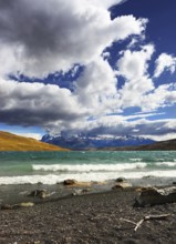 Stormy wind blows the clouds over the lake Laguna Azul. National Park Torres del Paine. Patagonia,