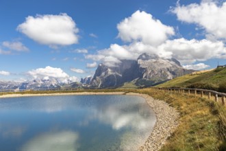 View over the Seiser Alm, Alpe di Siusi, to Langkofel and Plattkofel, South Tyrol