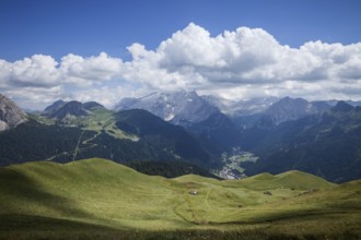 Sunny mountain valley. Dolomites mountain, Italy, Europe