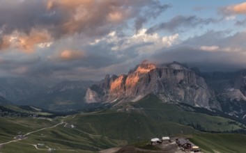 Panoramic view of Sella group mountain, Val di Fassa, Italian Dolomites