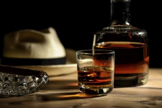 A glass of rum, a cigar and a Panama hat in a bar in Cuba