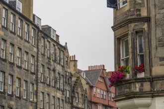 Urban environment with historic buildings and blooming flowers on windows, edinburgh, Scotland,