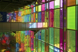 Colourful window reflections in the convention centre, Montreal, Province of Quebec, Canada, North