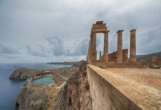 Picturesque view of Lindos St.Pauls Bay from Acropolis, Rhodes, Greece, Europe