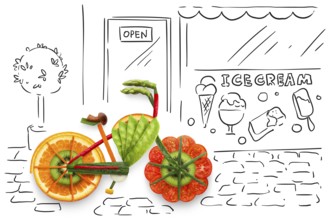 Creative food concept photo of a bicycle, made of fruit and vegetables, parked on sketchy urban