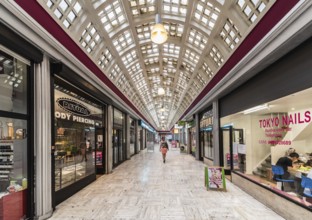 Brussels Old Town, Belgium, 07 18 2019- Interior arcades of the Galerie du centre, a vintage
