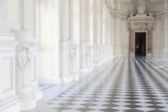 Reggia di Venaria Reale, Italy, October 2022: corridor perspective, luxury marble, gallery and