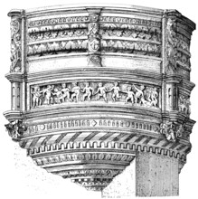Historical architectural illustration from the 19th Century, 1882, facade with bay windows in