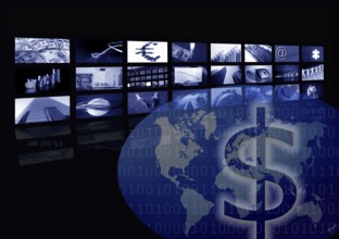 Business corporate, world map, multiple screen. Metaphor mixing photo and ilustration in blue color