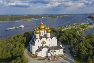 Aerial view of the Assumption Cathedral in Yaroslavl, park Strelka and Volga river