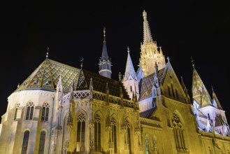 Night view of Matthias Church, a Catholic church located in the Holy Trinity Square, Buda's Castle
