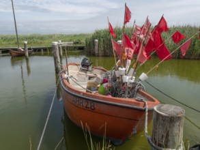 Red fishing boat with red flags and equipment in a quiet harbour, Zingst, baltic sea, germany