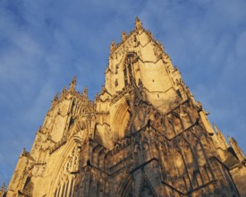 An upwards view of the towers at the front of york minster in sunlight