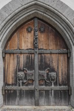 Main gate with iron fittings, Maria-Himmelfahrt church, Bad Wiessee, Upper Bavaria, Bavaria,