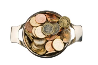 A cooking pot is filled with euro coins, symbolic photo for subsidies and grants Austria