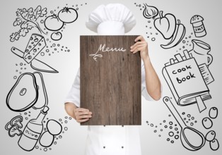 Restaurant Chef on a sketchy background hidden behind a wooden chopping board for a business lunch
