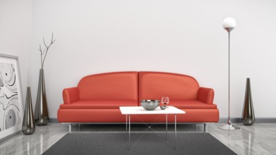 3d interior render image of a red sofa in a white room with space for your content