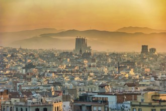 Barcelona Spain, aerial view sunrise city skyline at city center