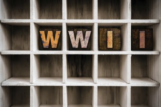 The word WWII written in vintage ink stained wooden letterpress type in a partitioned printer's