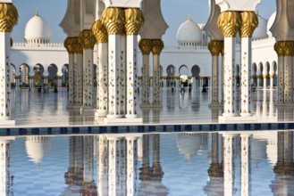 Beautiful gallery of famous Sheikh Zayed White Mosque in Abu Dhabi, UAE. Reflections