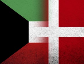 The Kingdom of Denmark National flag with The State of Kuwait National flag. Grunge Background