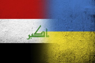 The Republic of Iraq National flag with National flag of Ukraine. Grunge background