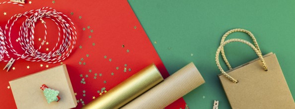 New Year or Christmas presents preparation DIY flat lay top view Xmas holiday celebration handmade