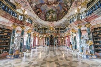 WIBLINGEN, BAVARIA, GERMANY, JUNE 08, 2022 : Rococo and baroque decors of the library in Wiblingen