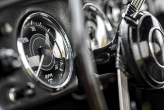 Details of a classic car in a museum