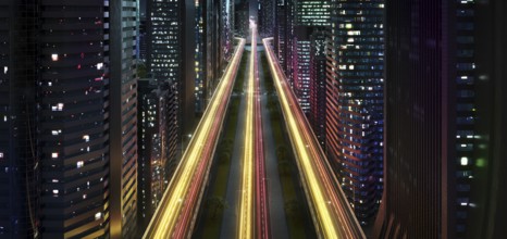 Spectacular modern city at night with light trails. 3d rendering imaginary concept city
