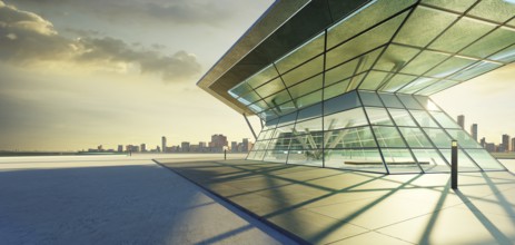 Empty concrete floor with polygon shape design modern building exterior. 3d rendering