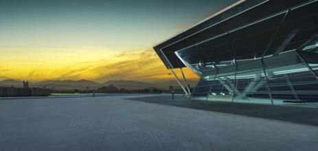 Empty concrete floor with polygon shape design modern building exterior. 3d rendering