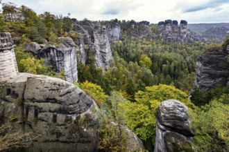 Romantic trip to Saxon Switzerland. The picturesque sandy cliffs of Bastei, 200 meters high above