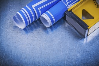 Set of blue blueprints construction level on metallic background