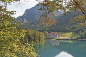 Alpsee, behind Neuschwanstein Castle, near Füssen, Ostallgäu, Swabia, Bavaria, Germany, Europe