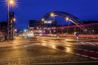 Luitpoldbrücke, Bamberg, Willy-Lessing-Straße, blue hour, city bridge at night with light traces of