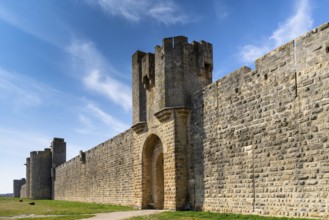 A view of the historic city walls surrounding the Camargue village of Aigues-Mortes