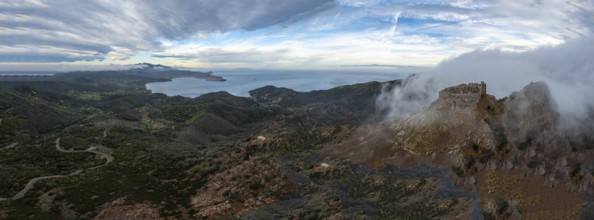 Aerial landscape view of the Castello del Volterraio and Portoferraio bay on Elba Island in Italy