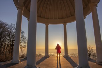 Beautiful temple in a landscape shot. Sunrise on a winter morning. Beautiful view along the Rhine
