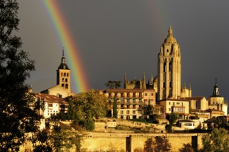 Rainbow between the church Iglesia de San Andres and the cathedral, historic city centre, UNESCO