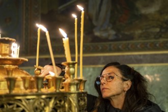Lit votive candles, St. Alexander Nevsky Cathedral, Sofia, Republic of Bulgaria