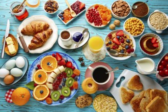 Breakfast buffet healthy continental coffee orange juice fruit salad croissant