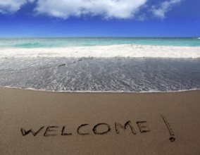 Brown sand beach with written word Welcome in Canary Islands