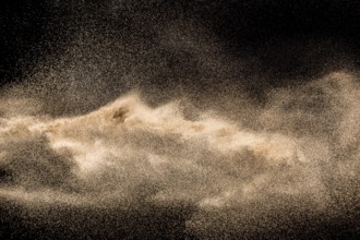Dry river sand explosion. Golden colored sand splash against black background