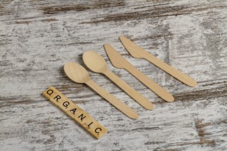 Rural wooden spoons and knives top view. Organic word made of cubes