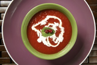 Mediterranean tomato soup with basil and redcurrant in a colorful green dish over wood