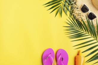 Vacation travel planning simple theme of straw hat sunglasses flip flops and palm leaves on uniform