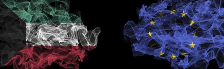 Flags of Kuwait and EU on Black background, Kuwait vs Europe Union Smoke Flags